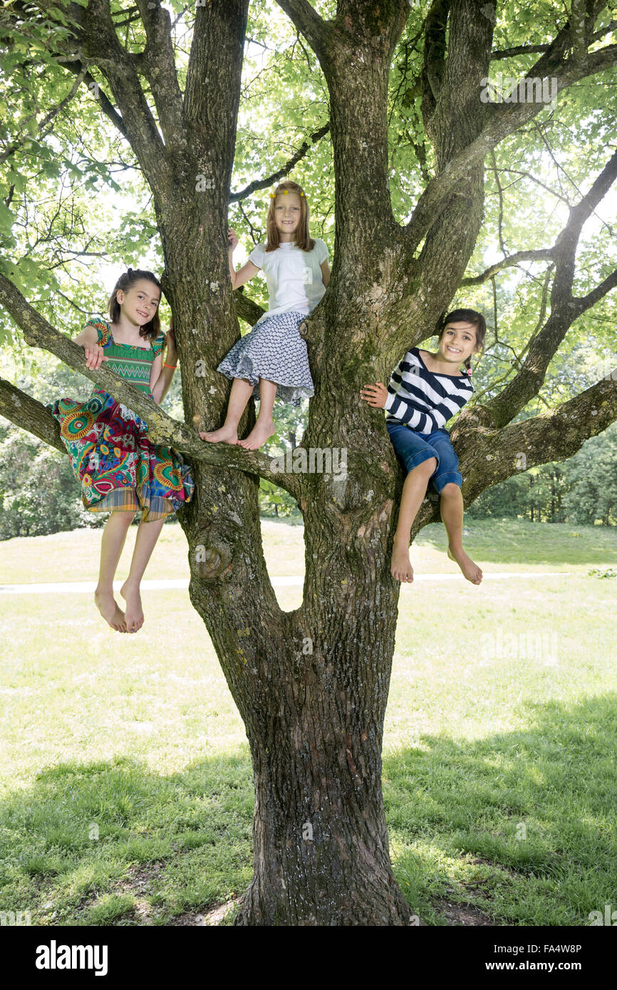 Ragazze arrampicata sugli alberi, Monaco di Baviera, Germania Foto Stock