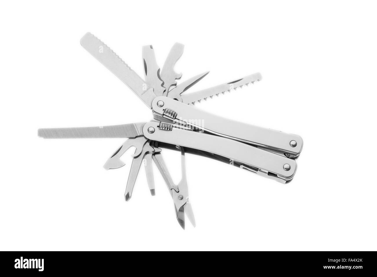 In acciaio inox coltello esercito multitool isolato su bianco Foto Stock