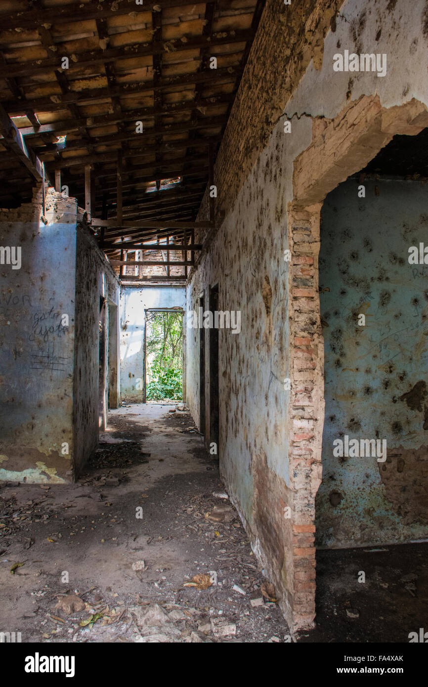 Corridoio che conduce alla porta e vegetazione esterna in un edificio abbandonato nel Mato Grosso, Brasile, Sud America Foto Stock