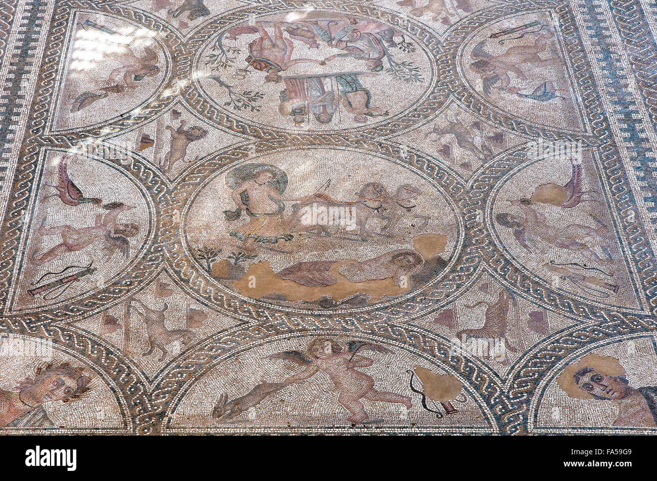 Romano città iberica di Castulo, Mosaico dell'AMA - Dettaglio, Linares, Jaen provincia, regione dell'Andalusia, Spagna, Europa Foto Stock