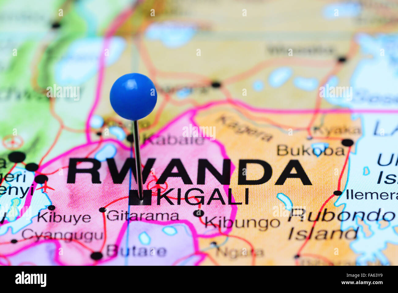 Il Kigali imperniata su una mappa di Africa Foto Stock