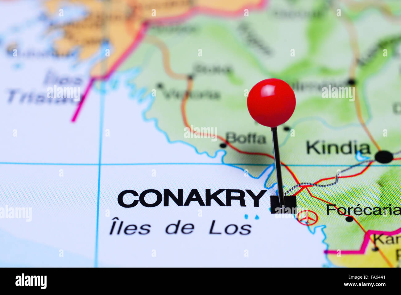 Conakry imperniata su una mappa di Africa Foto Stock