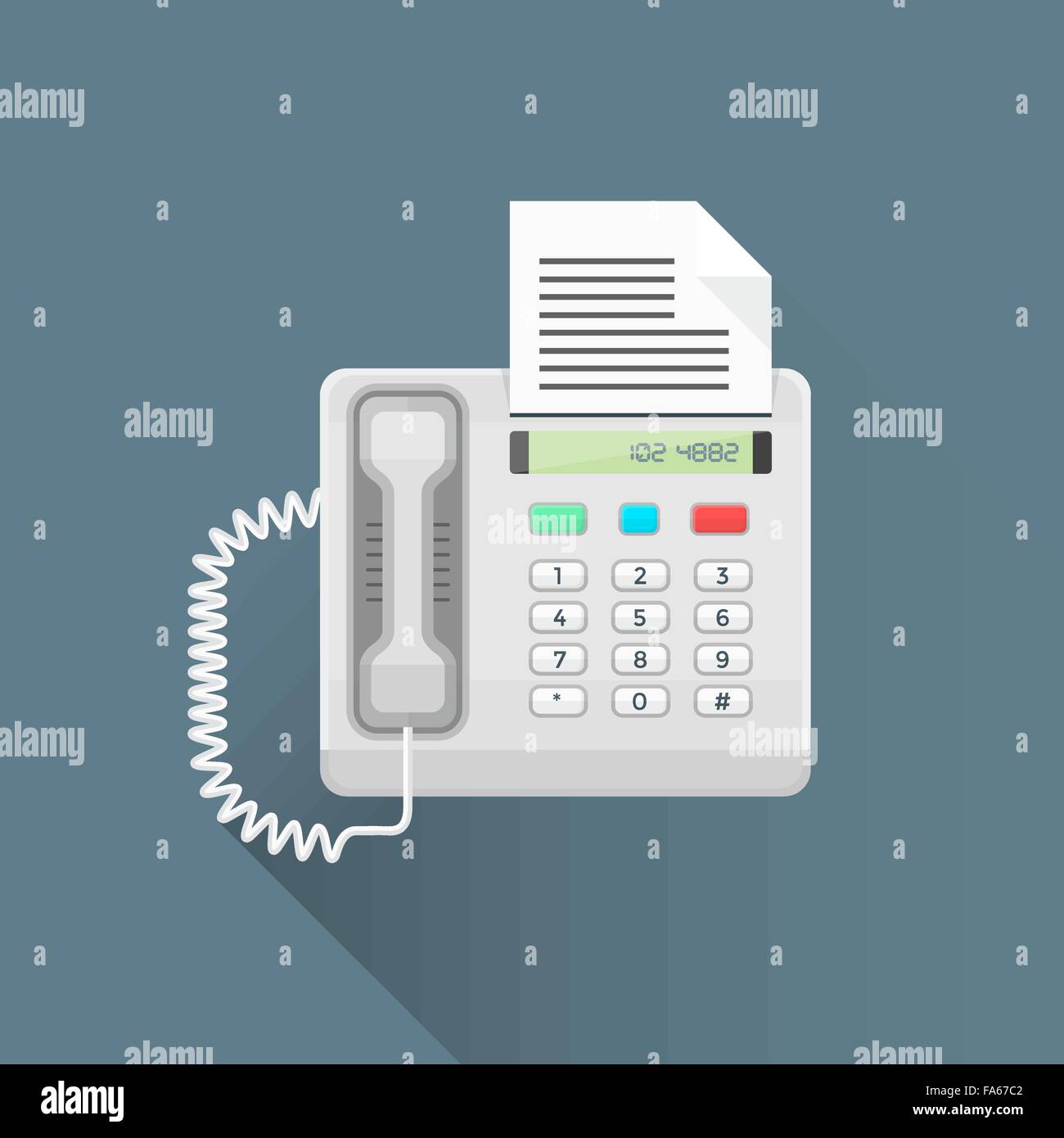 Vector colore grigio chiaro design piatto ufficio telefono fax cavo di illustrazione della carta isolato sfondo scuro lunga ombra Illustrazione Vettoriale