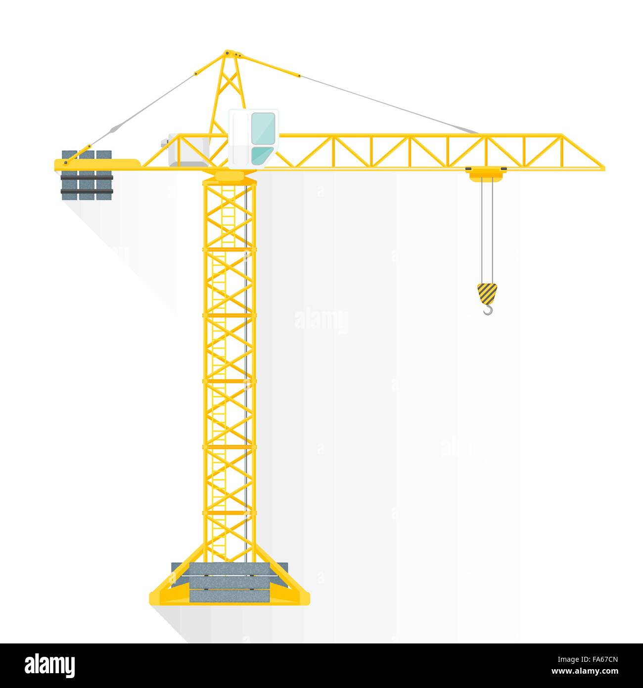 Vettore di colore giallo design piatto della costruzione di gru a torre bianca illustrazione di cabina isolata di sfondo bianca lunga ombra Illustrazione Vettoriale