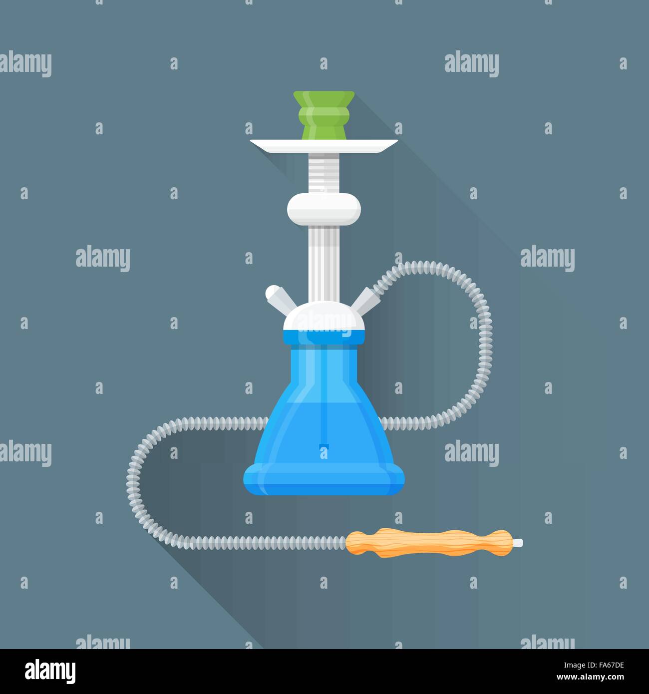 Vettore piatta colorata metallo design hookah base blu acqua verde vaso recipiente flessibile grigio punta in legno illustrazione isolato backgroun grigio Illustrazione Vettoriale