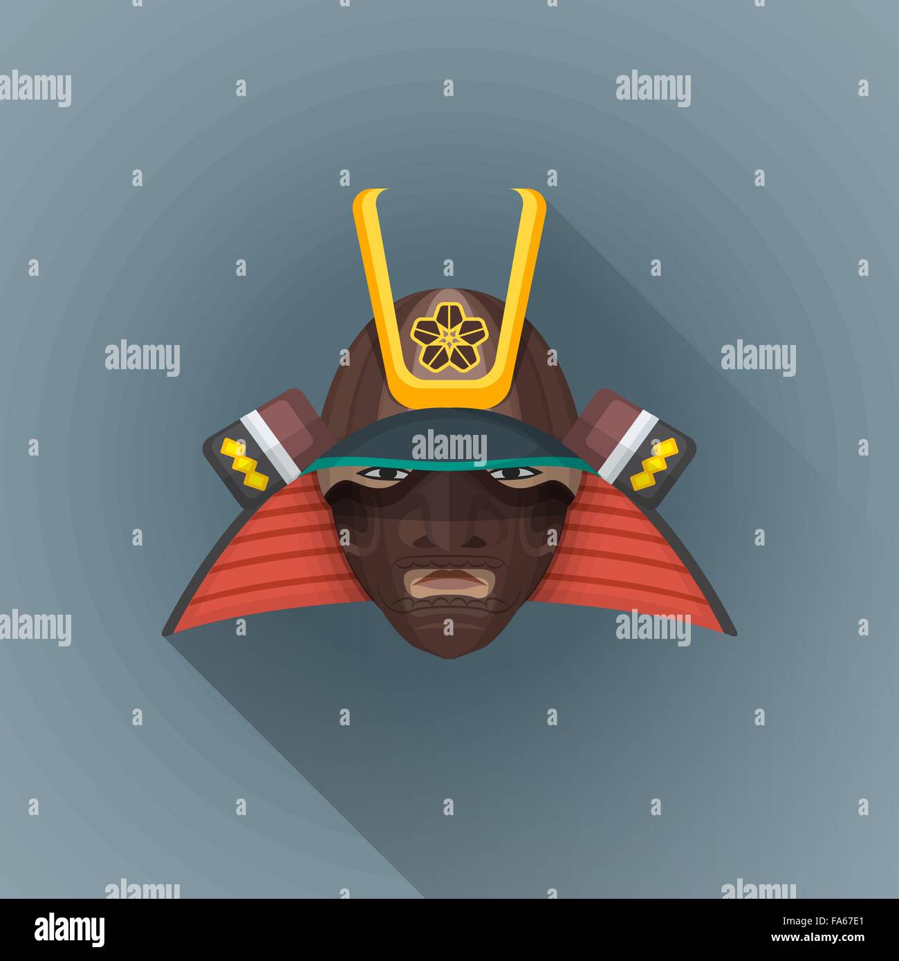 Vector colorato design piatto Giappone medievale samurai warrior capo armor casco maschera isolata illustrazione sfondo scuro lunga shad Illustrazione Vettoriale