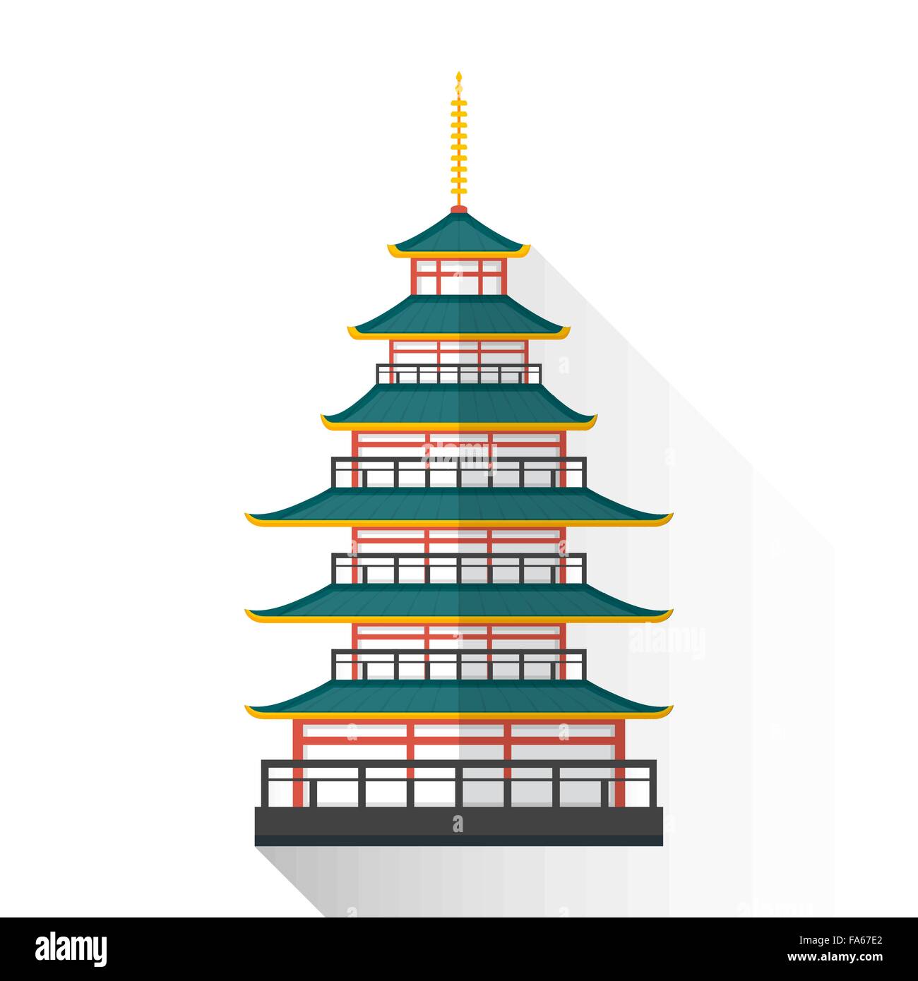 Vector colorato design piatto giappone multistadio tempio pagoda illustrazione isolato sfondo bianco ombre lunghe Illustrazione Vettoriale