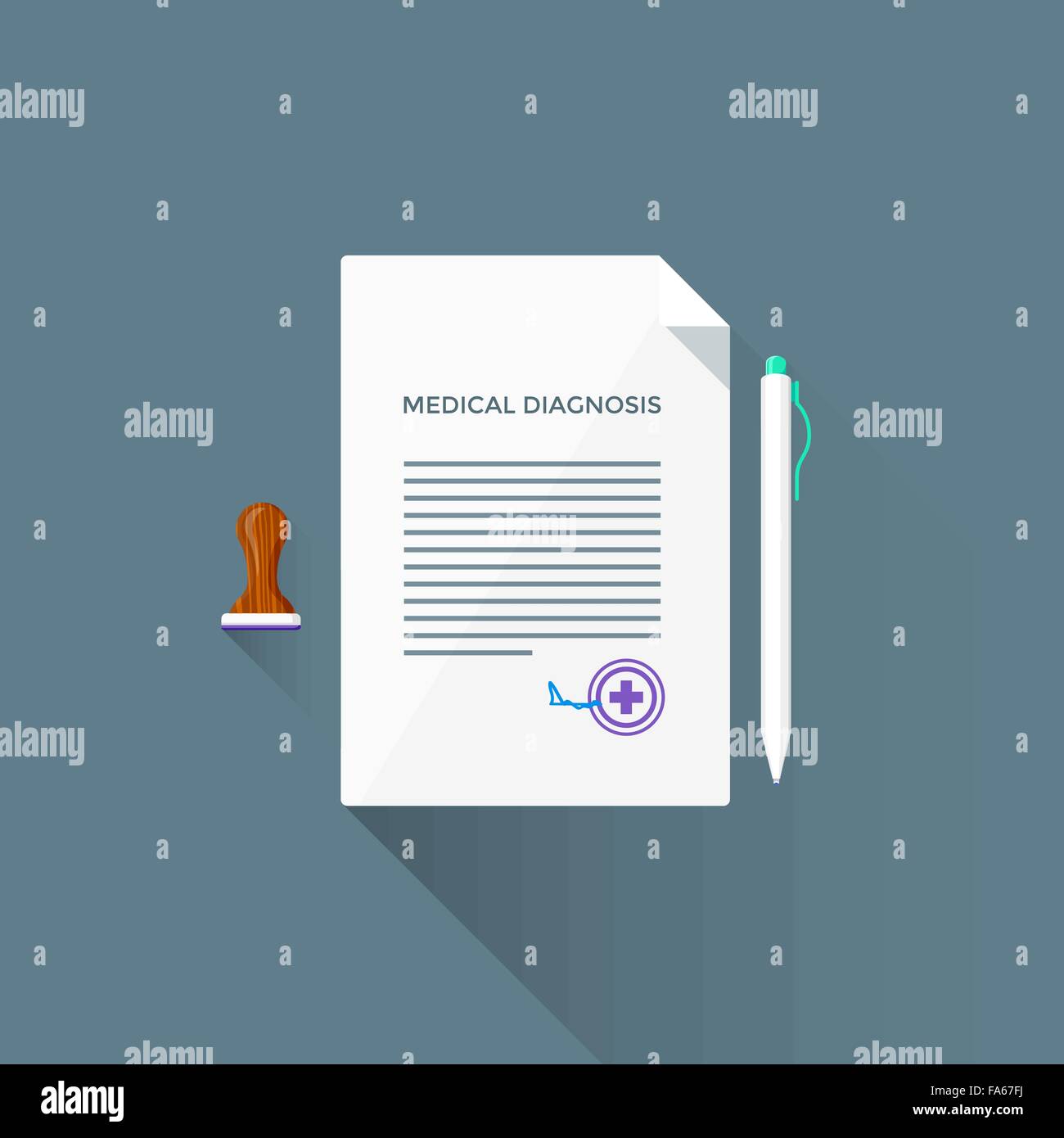 Vector colorato design piatto per la diagnosi medica in segno di carta cross francobollo di legno bianco illustrazione della penna isolato sfondo scuro lunga Illustrazione Vettoriale