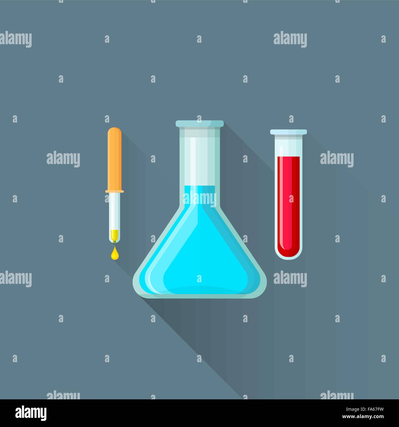 Vector colorato design piatto pipetta giallo blu rosso pallone sanguinosa provetta vetreria di laboratorio illustrazione impostare scuro isolato ba Illustrazione Vettoriale