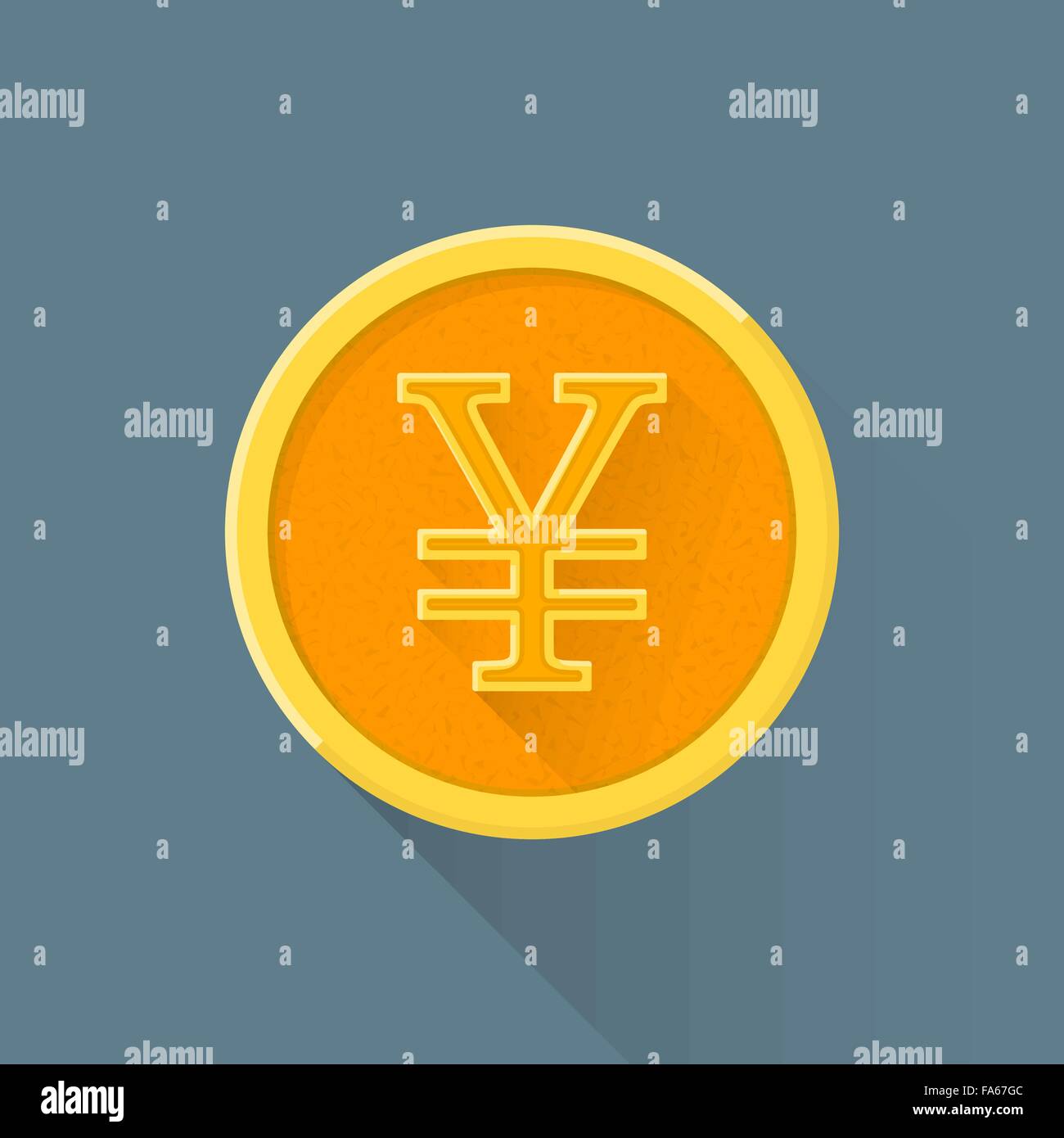 Vector colorato design piatto valuta giapponese yen giallo golden circle denaro coin illustrazione isolato sfondo scuro lunga shad Illustrazione Vettoriale