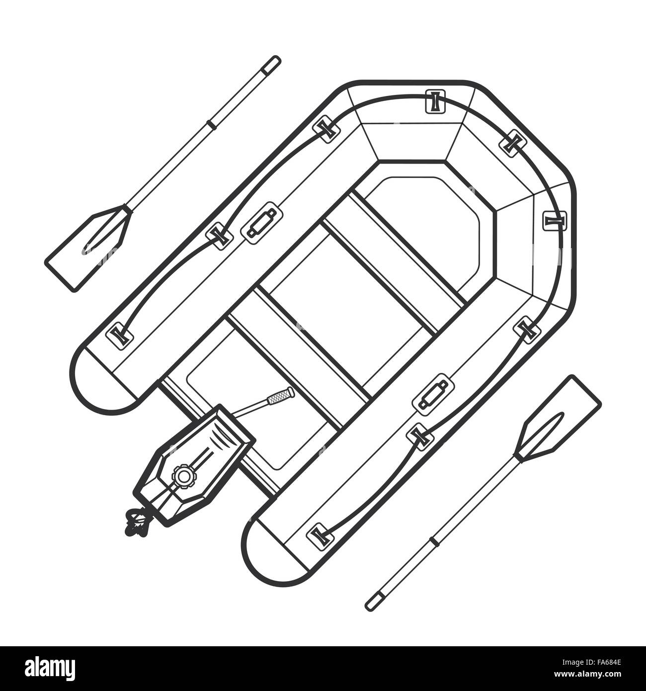 Vettore di contorno monocromatica gommone fuoribordo motore pala in alluminio isolato contorno nero illustrazione su bianco bac Illustrazione Vettoriale