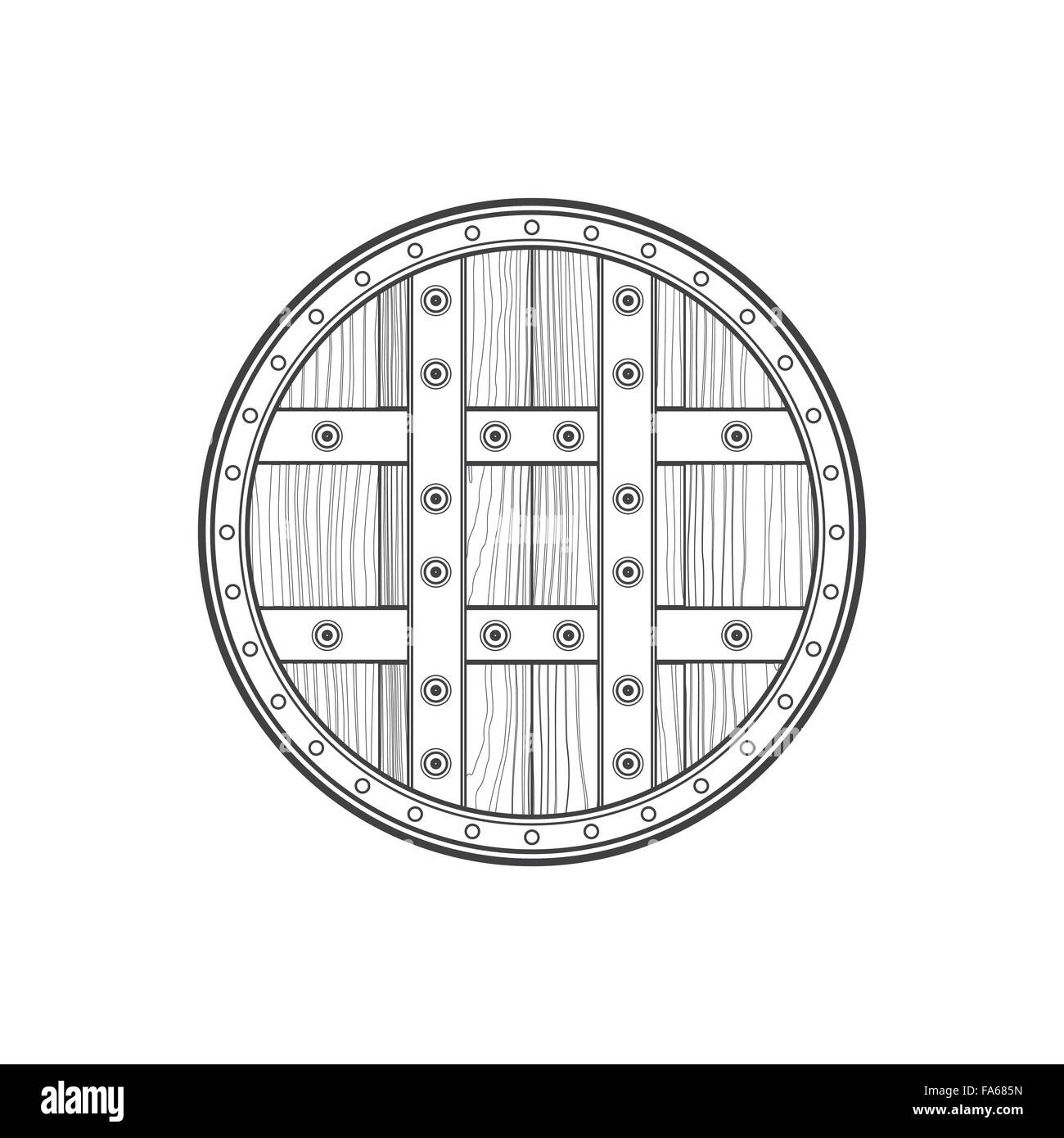 Vettore di contorno monocromatica medievale testurizzato di legno incrociate di elementi metallici rotondi scudo guerriero isolato contorno nero illustrati Illustrazione Vettoriale