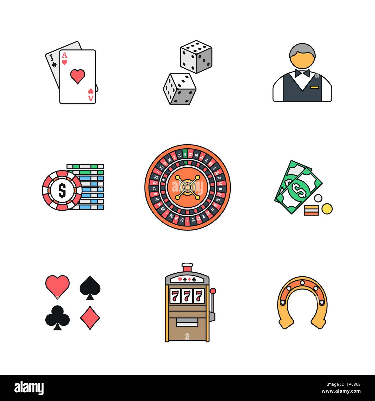Vector contorno colorato vari segni di gioco d'azzardo blackjack dadi croupier casino roulette i token di denaro contante card adatta alle slot machine Illustrazione Vettoriale