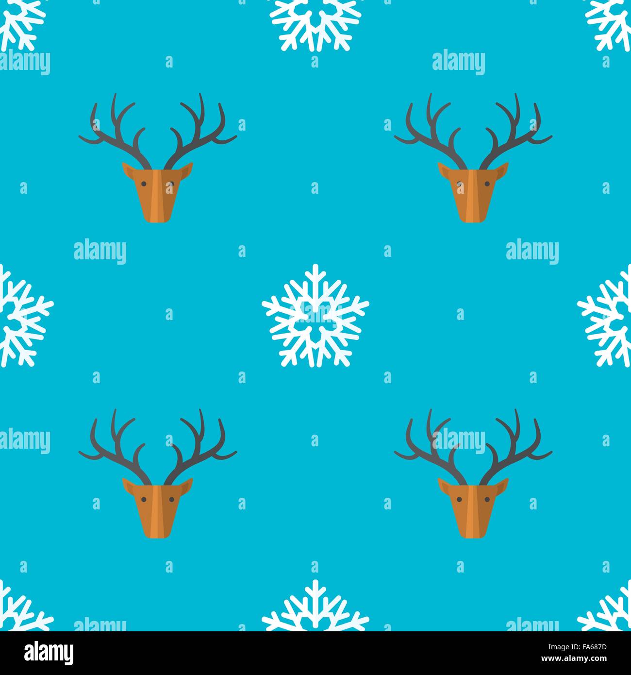 Vector colorato design piatto capodanno natale cervi il simbolo del fiocco di neve seamless pattern su sfondo ciano Illustrazione Vettoriale