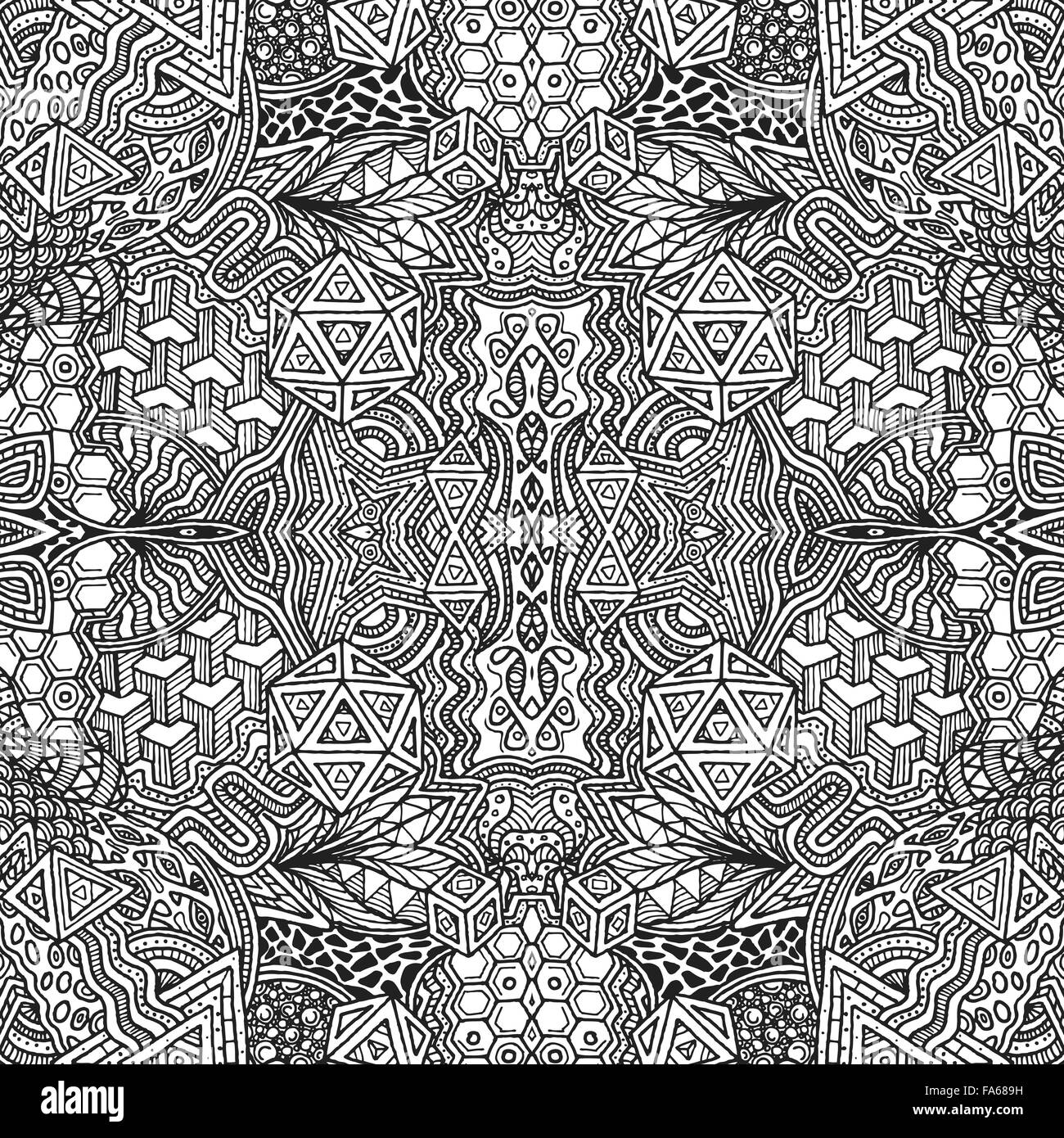 Vector nero monocromatico disegnati a mano zentangle geometrica perfetta profilo di pattern illustrazione sfondo bianco Illustrazione Vettoriale