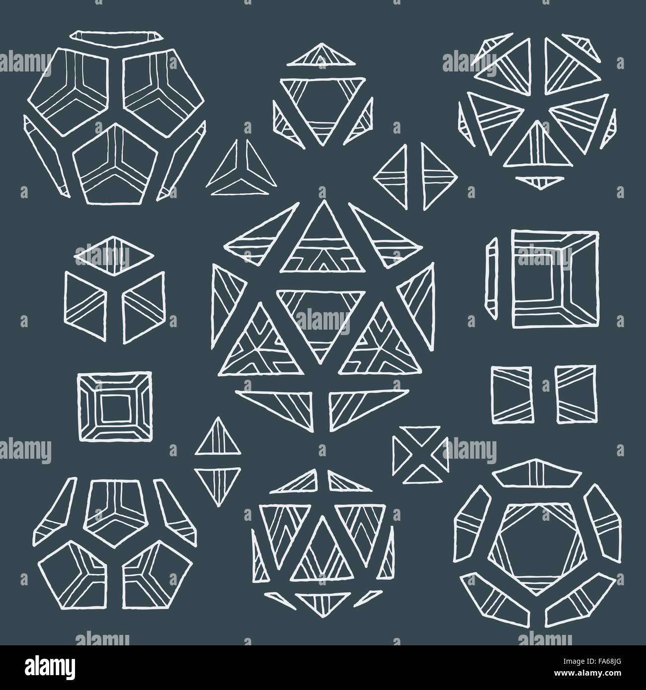 Vettore di contorno bianco disegnati a mano in bianco e nero di solidi platonici tetrahedron, cubo, hexahedron, ottaedro dodecaedro, icosaedro Illustrazione Vettoriale