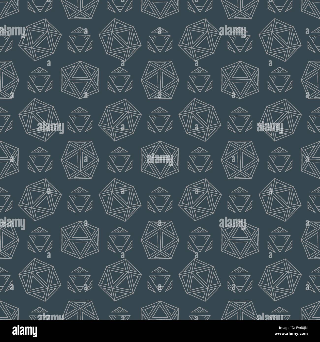 Luce di vettore sagoma geometrica astratta disegnata a mano solidi platonici poliedri seamless pattern su sfondo scuro Illustrazione Vettoriale