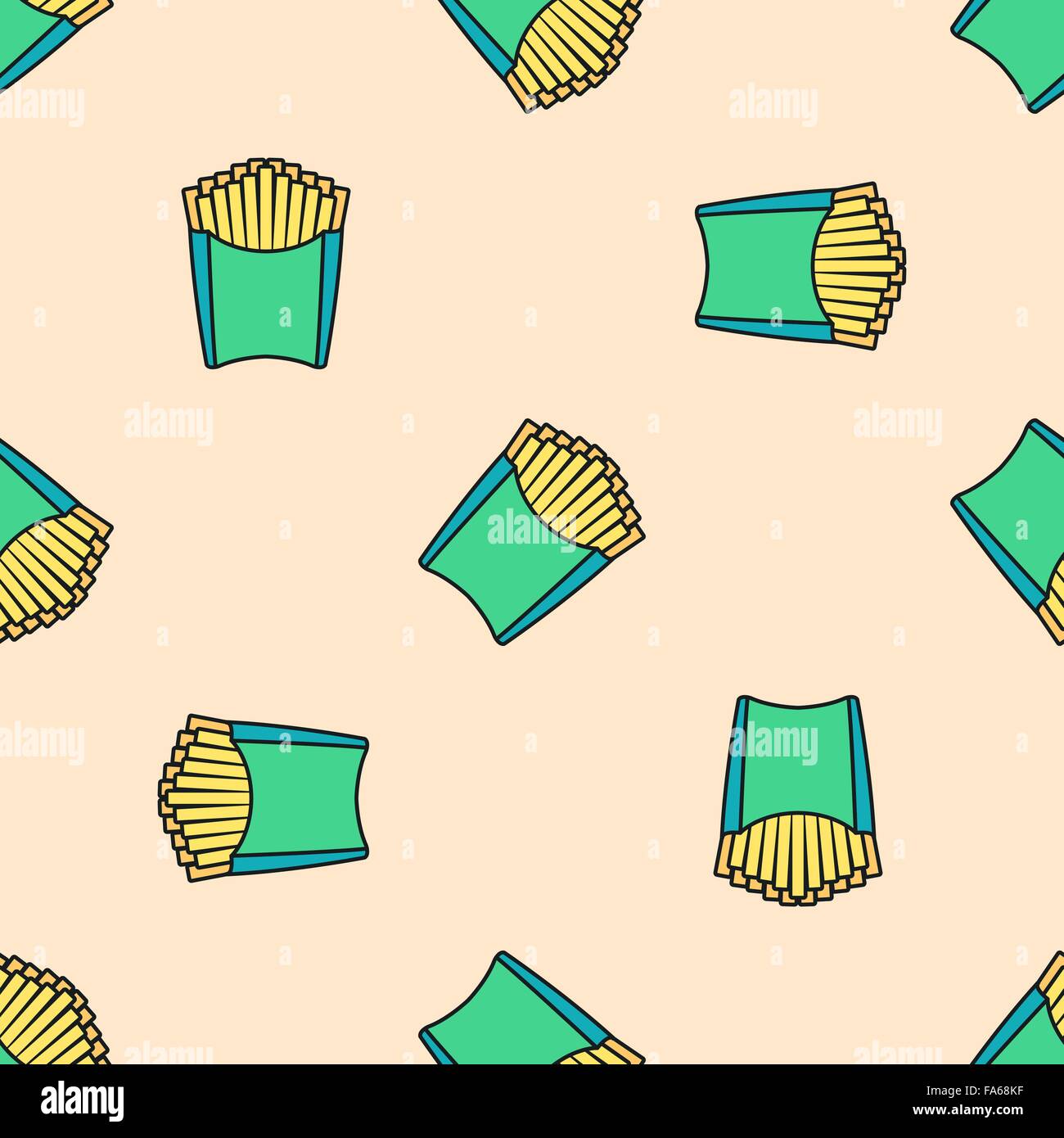 Vector contorno colorato le patatine fritte di patate confezione verde seamless pattern luce su sfondo rosso Illustrazione Vettoriale