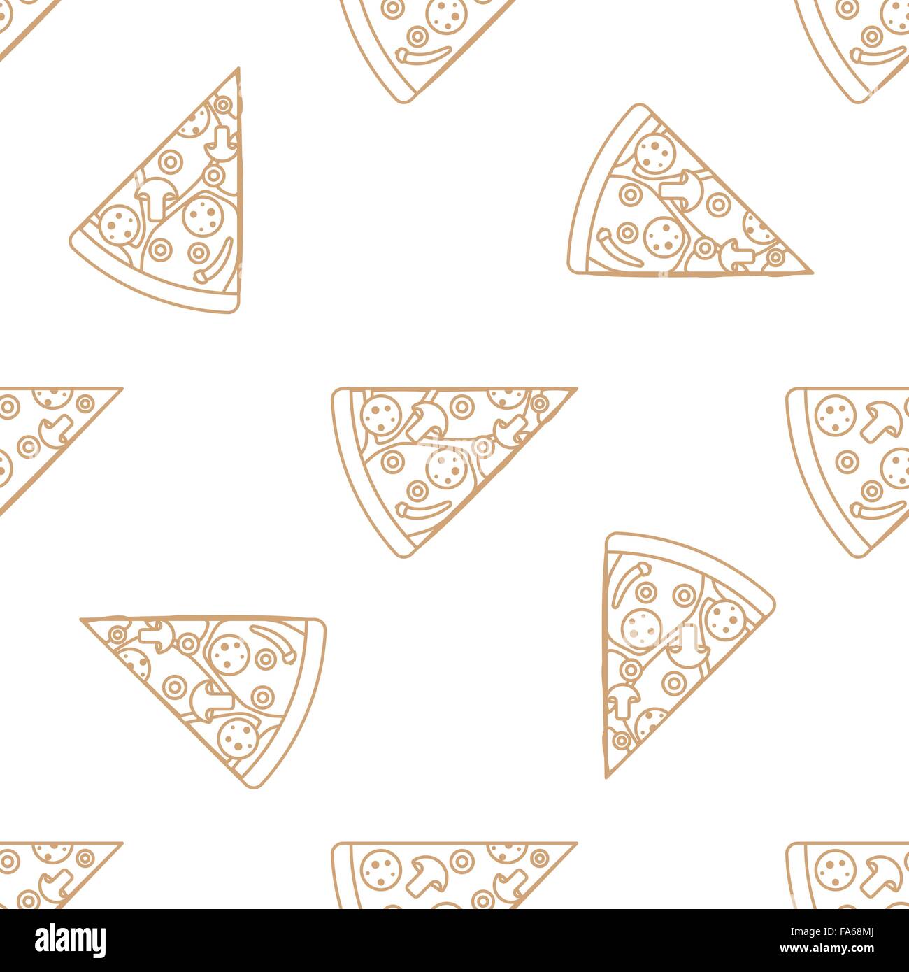 Vector oro marrone colore triangolo outline trancio di pizza olive funghi salsiccia per pizza peperoncino pomodoro formaggio seamless pattern su w Illustrazione Vettoriale