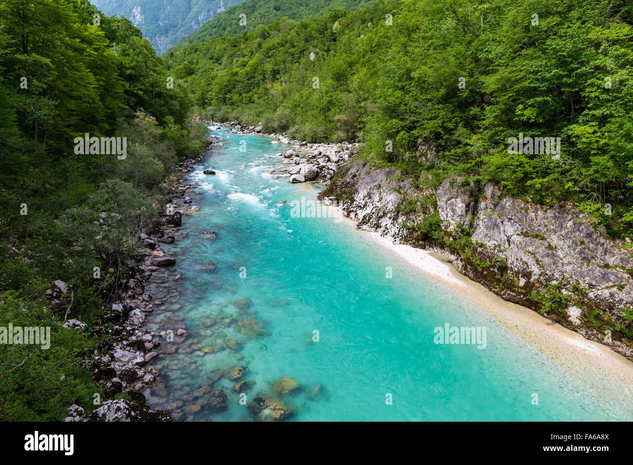 Fiume che scorre attraverso la valle di Soca, Tolmin, Slovenia Foto Stock