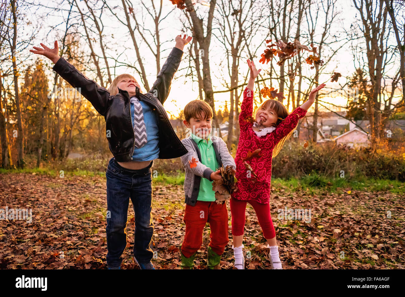Due ragazzi e una ragazza gettando le foglie in aria Foto Stock