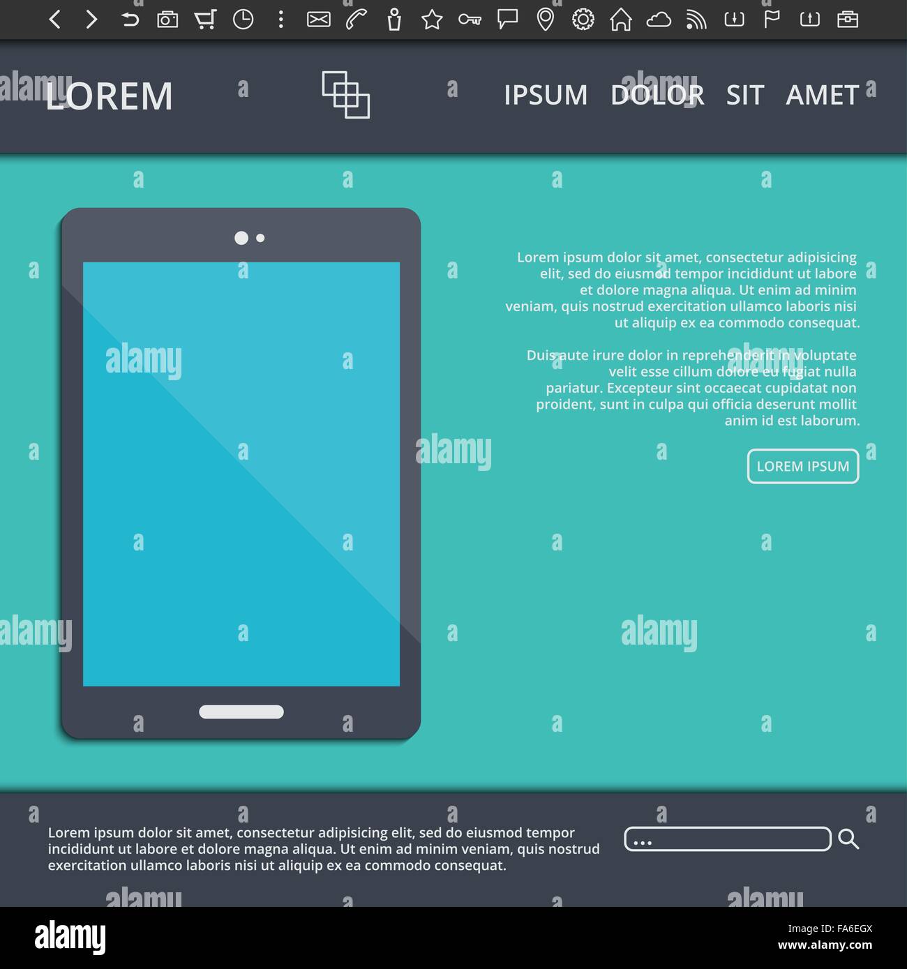 Illustrazione Vettoriale di tipo piatto web design template con elementi del sito web, dei pulsanti di linea diverse icone e tablet pc Illustrazione Vettoriale