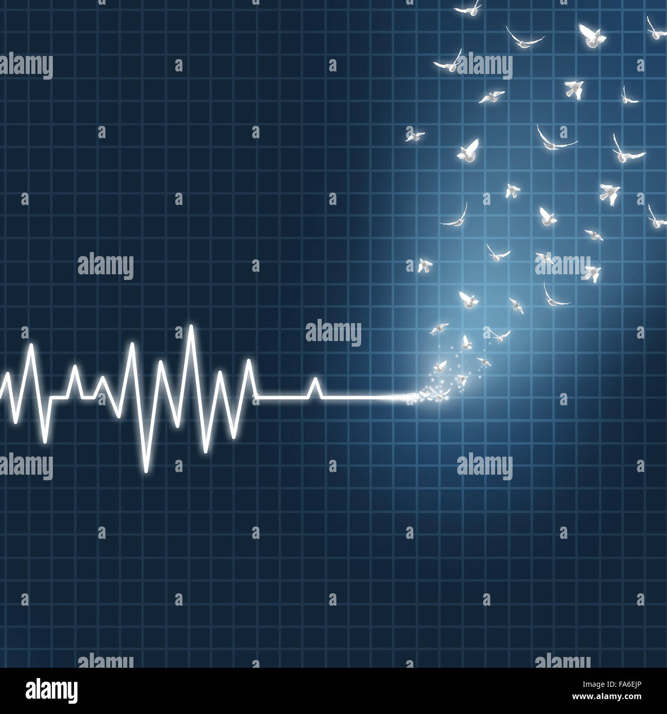 Aldilà nozione come un ECG o EKG medical cuore lifeline monitor mostra un flatline trasformando in colombe bianche volare in alto verso il cielo come una fede spirituale metafora per credere nella vita dopo la morte. Foto Stock