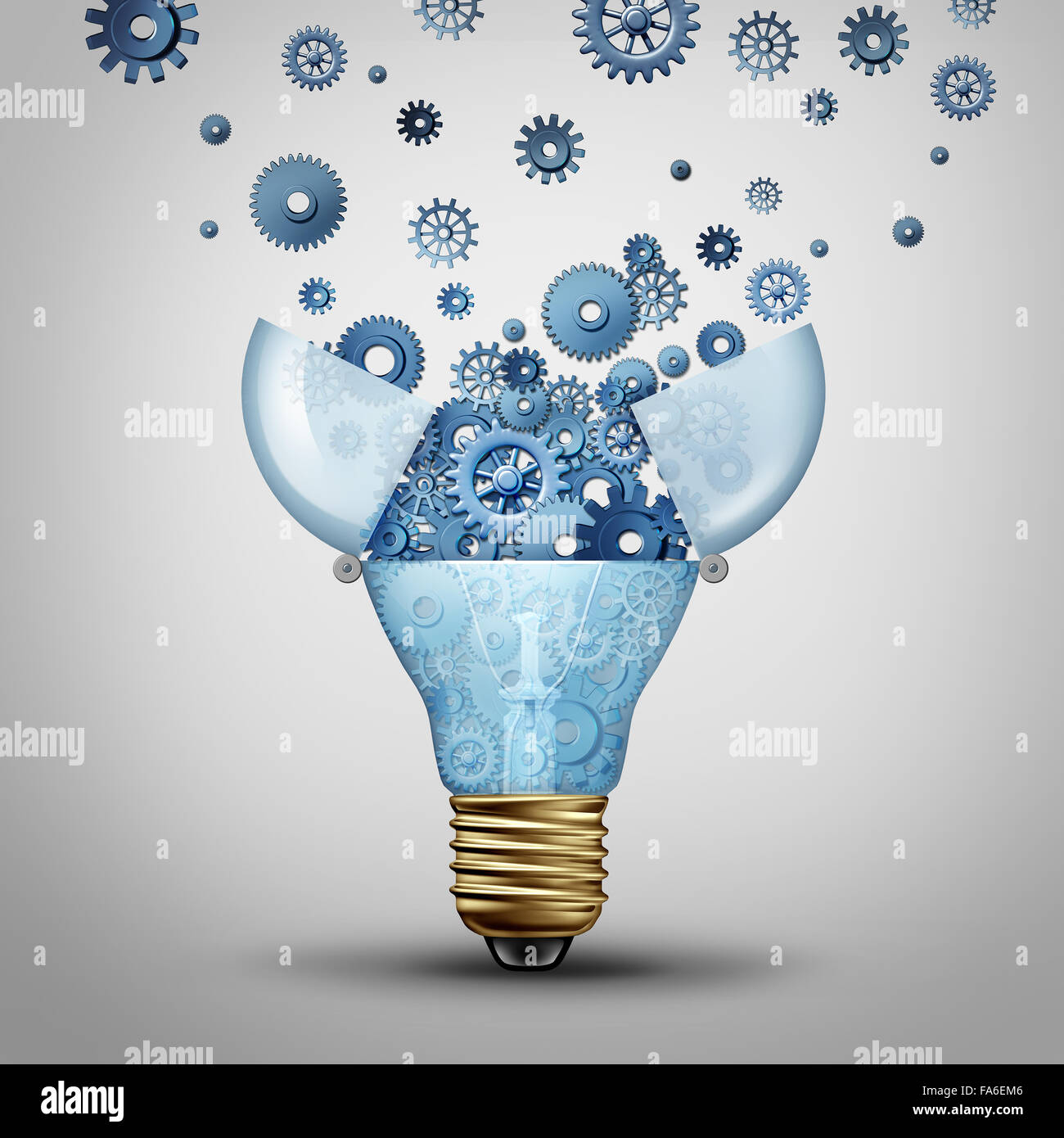 Comunicazione creativa soluzione e intelligente le idee di marketing attraverso la distribuzione di un open lampadina con un gruppo di ingranaggi e ruote cog rilasciato diffondendo come una metafora per il brainstorming brainstorming o. Foto Stock
