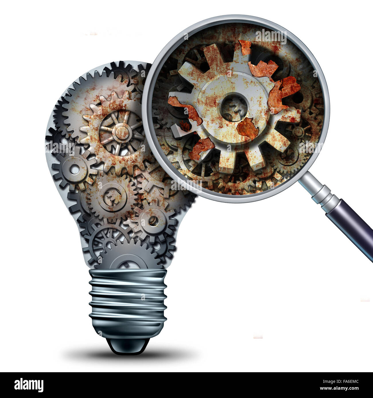 Creative declino e obsoleta e superata idee concetto come una lampadina elettrica fatta di ingranaggi meccanici con un vetro magnigying che mostra un ingrandimento della ruggine e di abbandono in un business come metafora per la perdita di competitività e innovazione in declino. Foto Stock