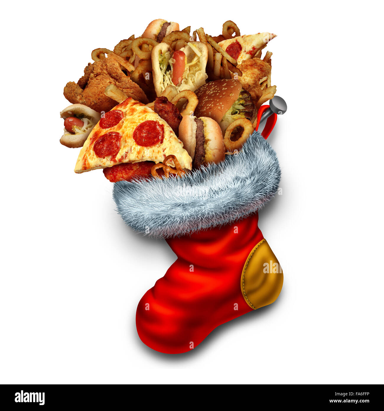 Vacanza malsano mangiare come simbolo di un gruppo nel grasso di fast food come hamburger hotdog e il pollo fritto farcito in un rosso calza di Natale come un icona di obesità e surriscaldamenti durante le vacanze invernali. Foto Stock