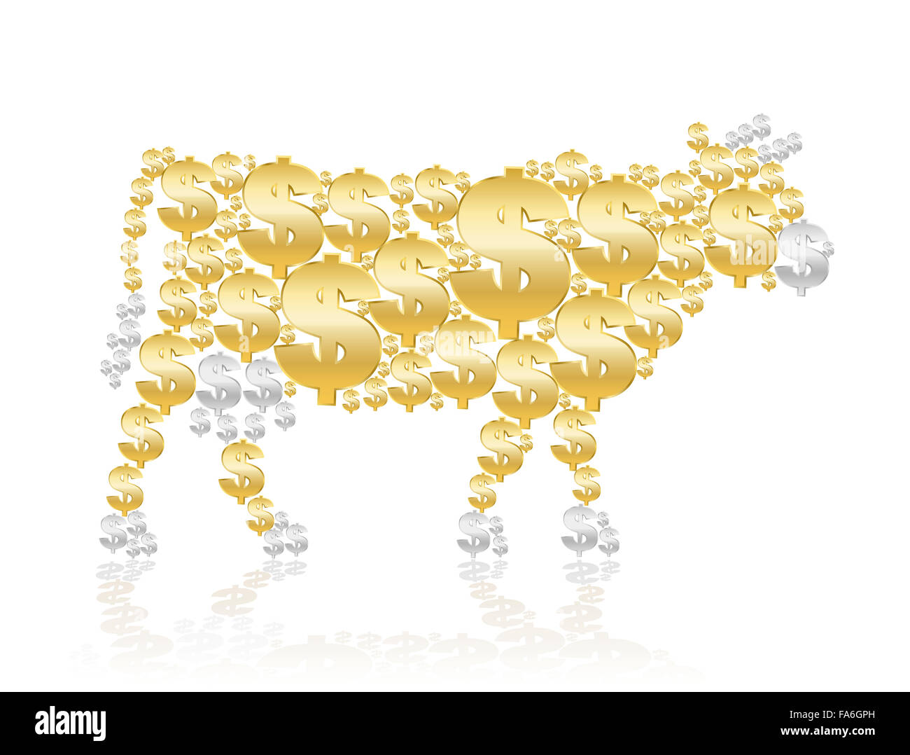 Mucca da mungere composta di golden e silver dollar simboli. Foto Stock