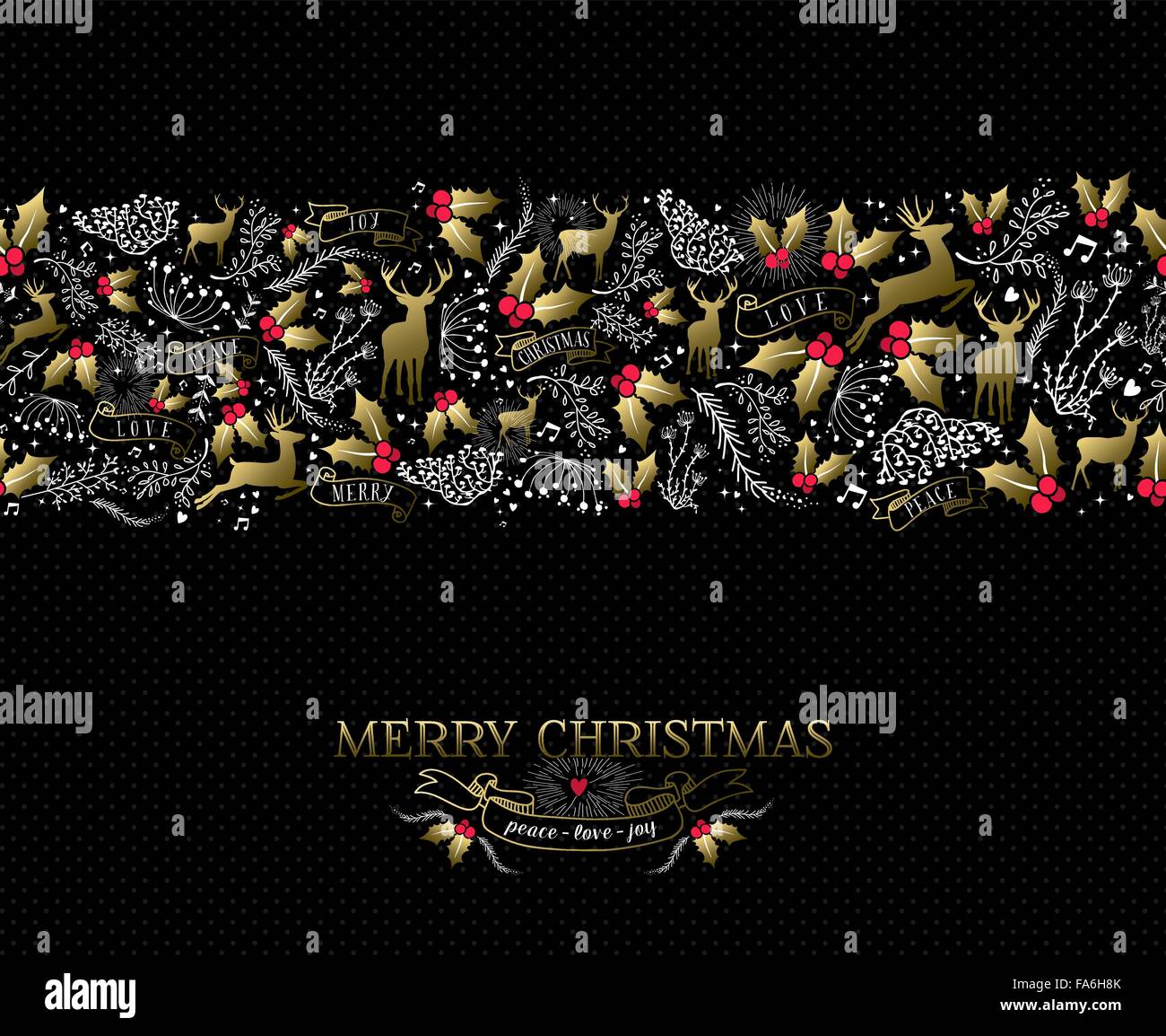 Vintage Natale carta elementi, la renna e holly in oro con i colori del testo sopra seamless pattern sfondo. EPS10 vettore. Illustrazione Vettoriale