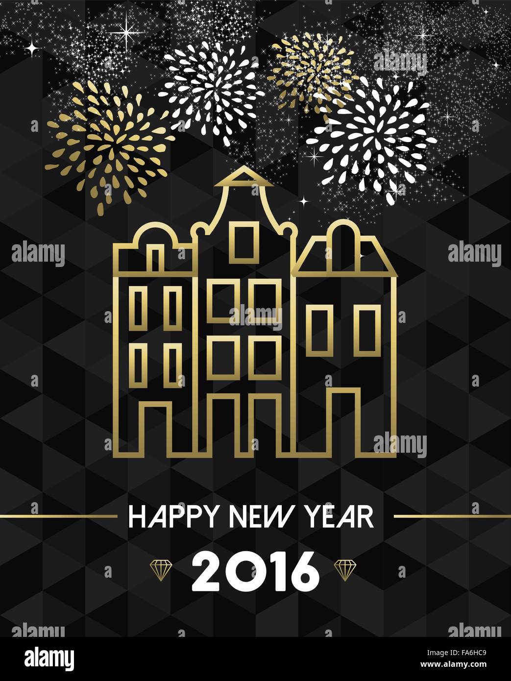 Felice Anno Nuovo 2016 Amsterdam biglietto di auguri con il punto di riferimento dei Paesi Bassi edifici tradizionali in oro stile contorno. EPS10 vettore. Illustrazione Vettoriale