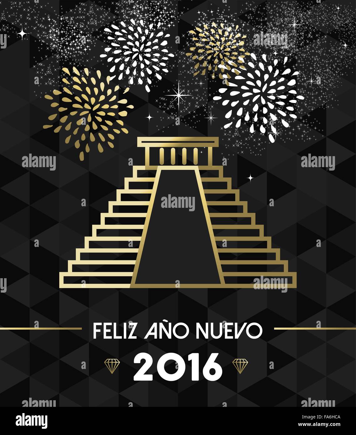 Felice Anno Nuovo 2016 Messico biglietto di auguri con punto di riferimento storico Chichen Itza piramide in oro di stile di contorno. EPS10 vettore. Illustrazione Vettoriale