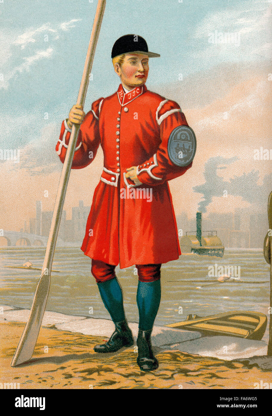 Una waterman in Doggett del mantello e badge, la più antica gara di canottaggio nel mondo, il fiume Tamigi, Londra, Inghilterra xix secolo Foto Stock