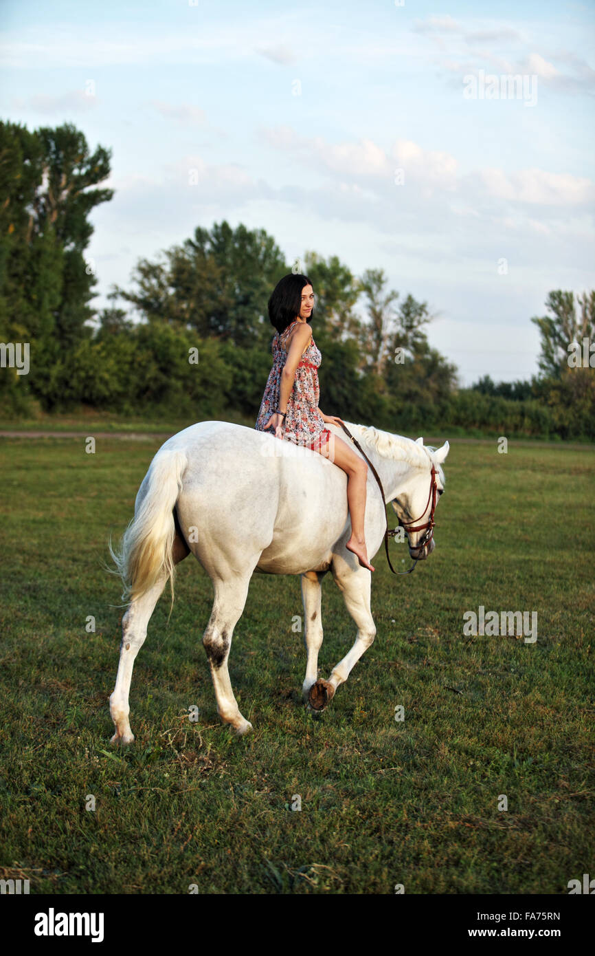 Giovani donne belle bareback riding il suo cavallo bianco Foto Stock