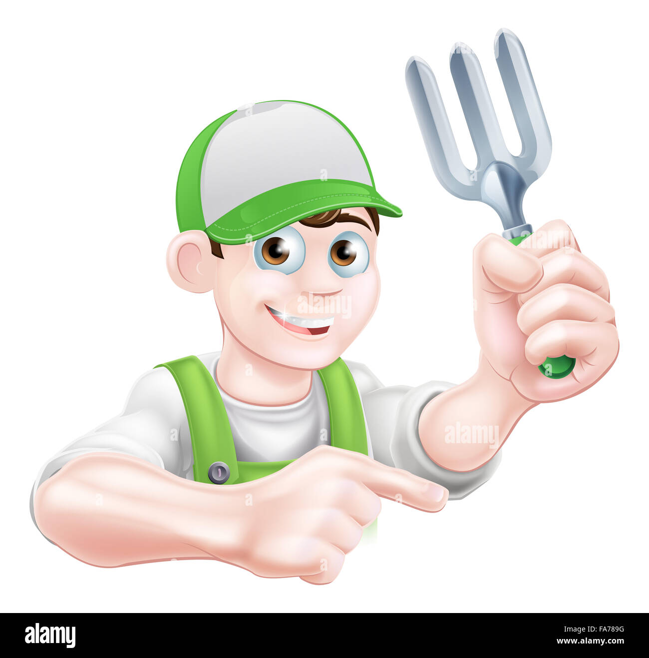 Un cartoon giardiniere carattere tenendo un giardino forcella e puntamento Foto Stock