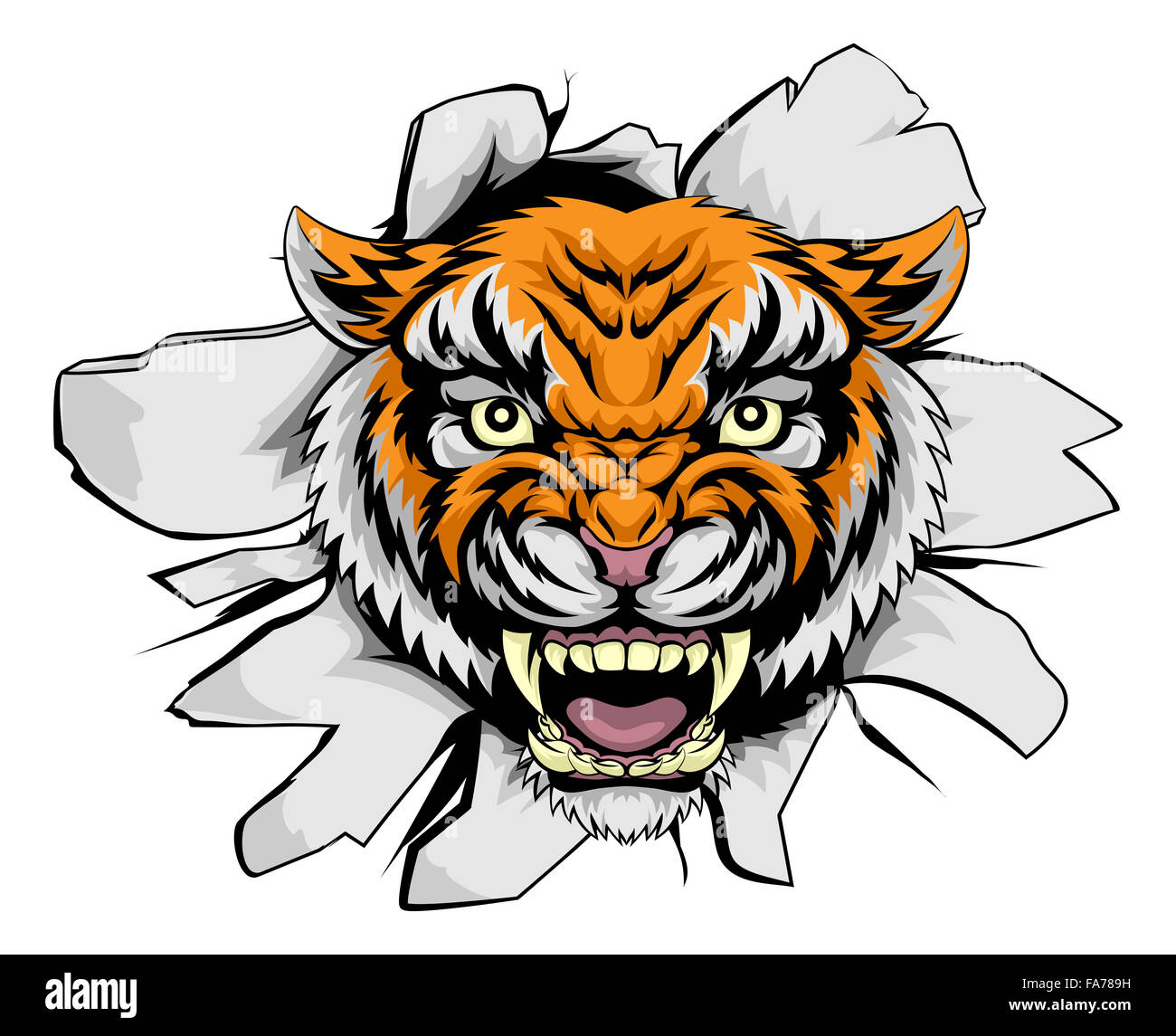 In media una tigre animale mascotte sportive rip attraverso lo sfondo Foto Stock