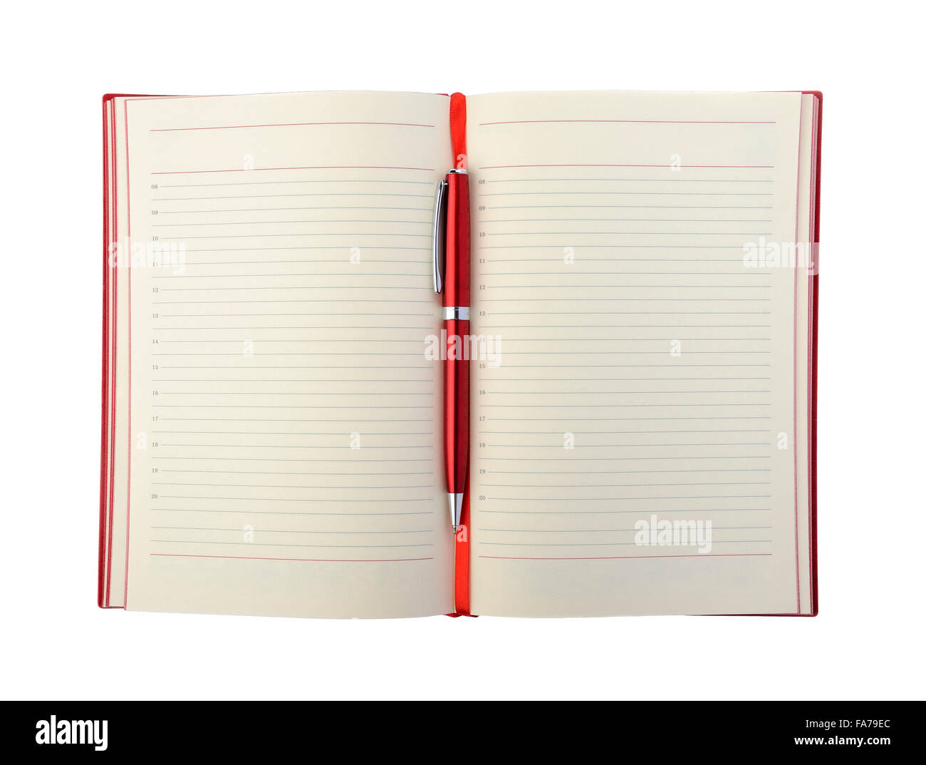 Diario e penna di colore rosso isolato su sfondo bianco Foto Stock
