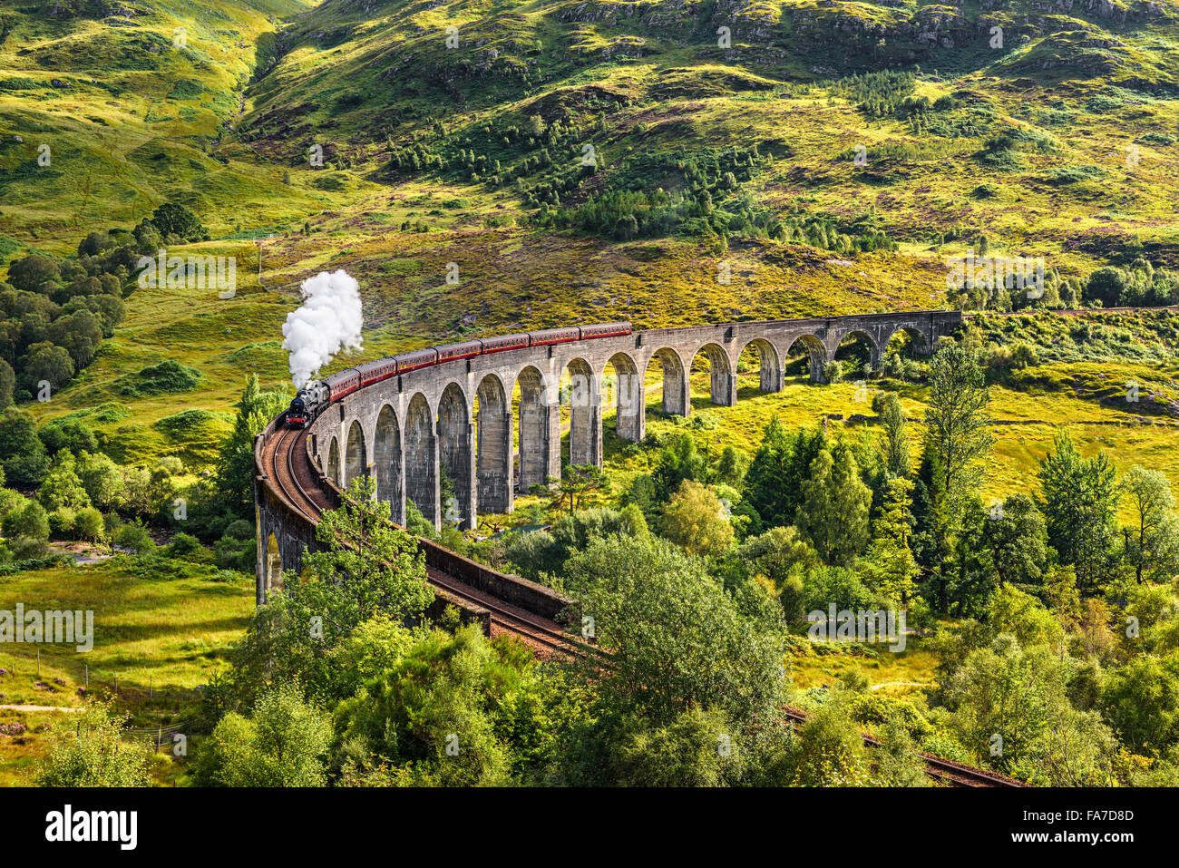 Glenfinnan viadotto ferroviario in Scozia con il giacobita treno a vapore che passa al di sopra Foto Stock