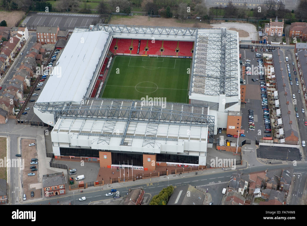 ANFIELD, Liverpool. Vista aerea. Casa di Liverpool Football Club. Fotografato nel marzo 2008. Foto Stock