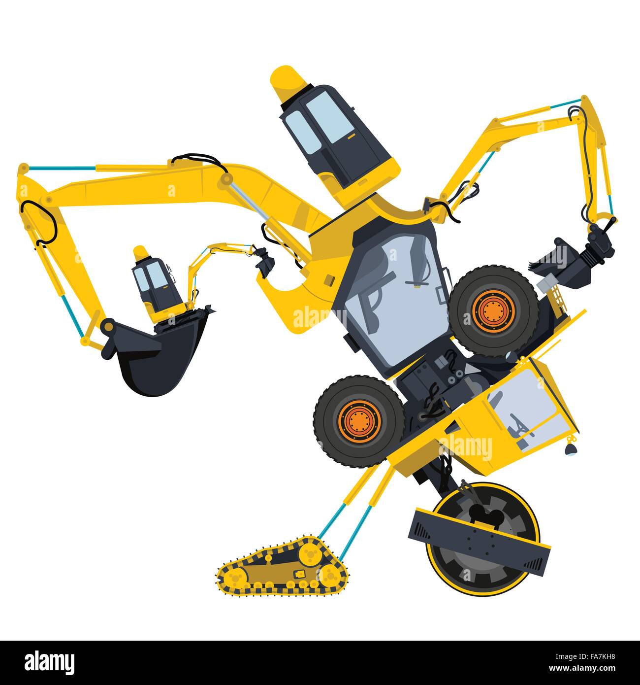 Macchina bizzarro robot costruire da opere di terra giallo della costruzione di veicoli e attrezzature per la costruzione di camion gru di scavo vettore Illustrazione Vettoriale