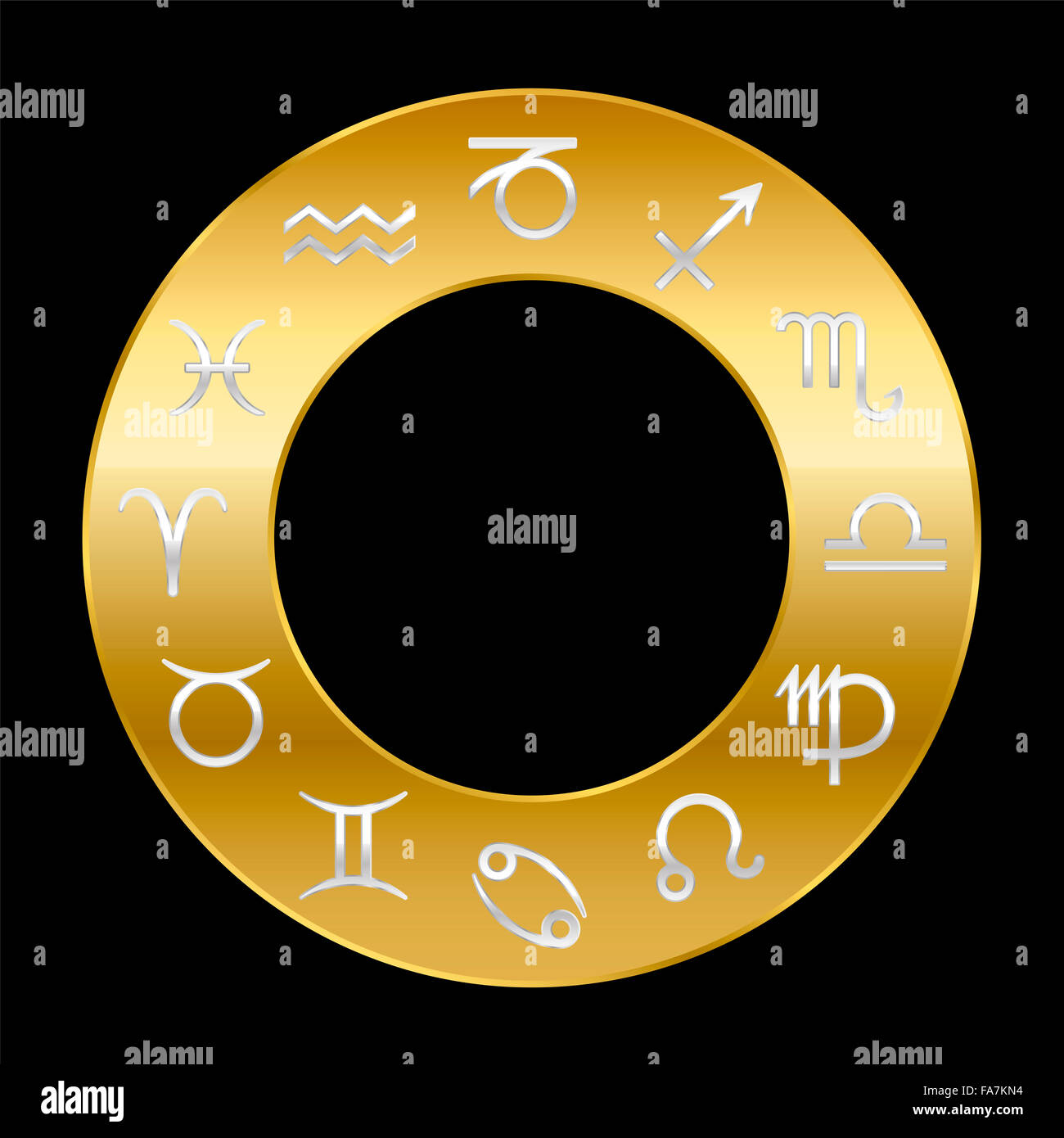 Segni zodiacali argento su anello d'oro. Foto Stock