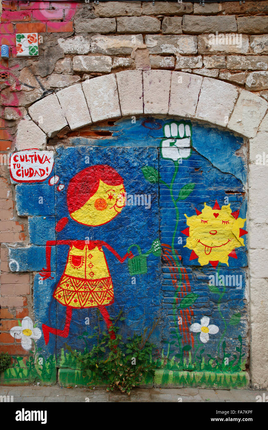 Il giardinaggio urbano, pitture murali, El Born, Barcellona, Spagna, Europa Foto Stock