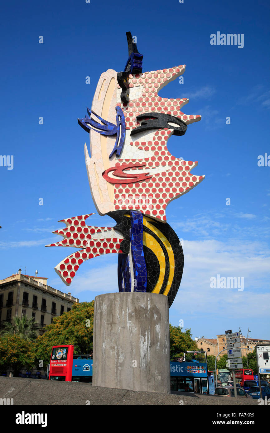 Testa Sculptur di Barcellona di Roy Lichtenstein, Barcellona, Spagna, Europa Foto Stock