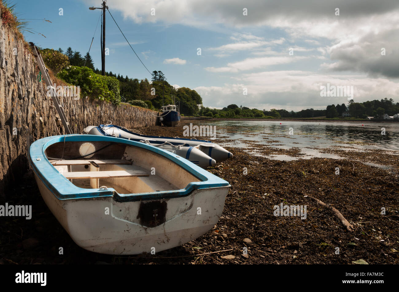 Barca con bassa marea nel porto di Kenmare, nella contea di Kerry, Irlanda Foto Stock
