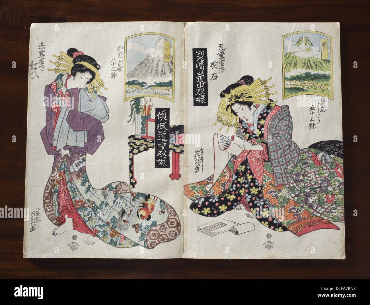 Xix secolo woodblock giapponese stampe, parte delle collezioni della biblioteca a Tatton Park, Cheshire. Foto Stock