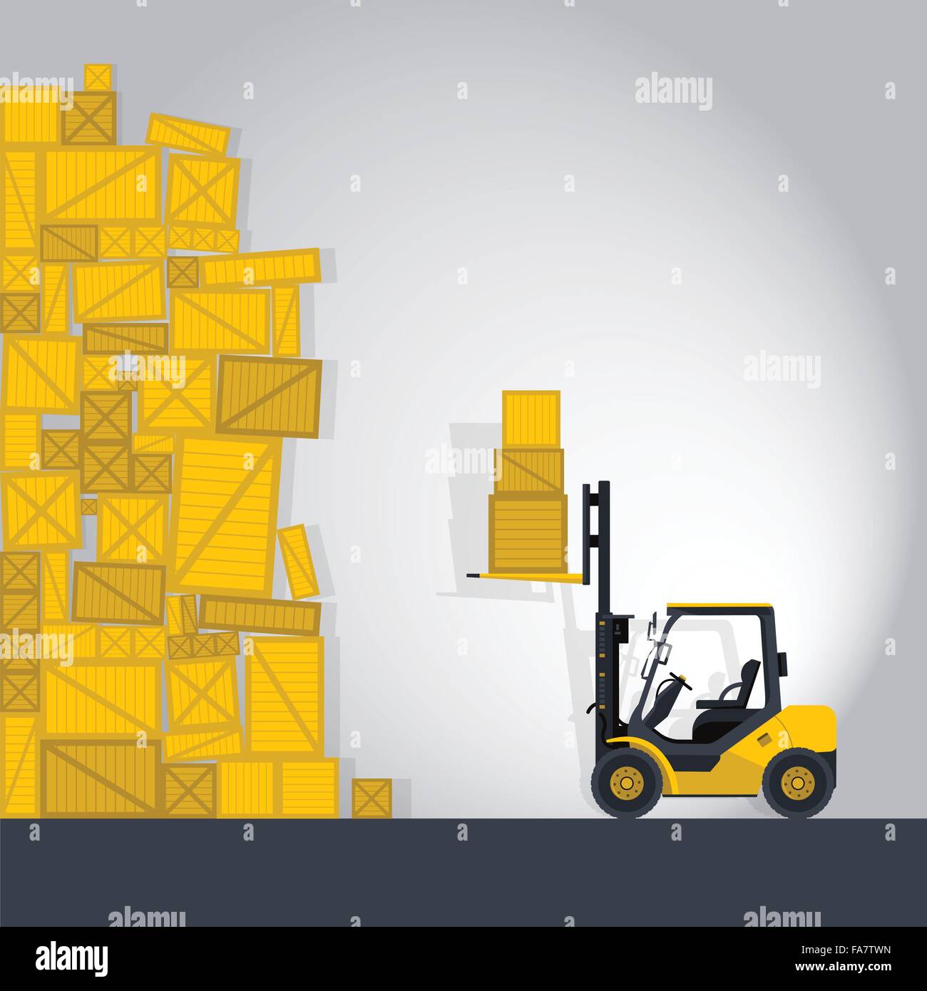 Giallo la forcella di sollevamento caricatore funziona nel negozio di Nizza carichi di sollevamento scatola di cassa nel magazzino di stoccaggio appiattire illustrazione vettore master. Illustrazione Vettoriale