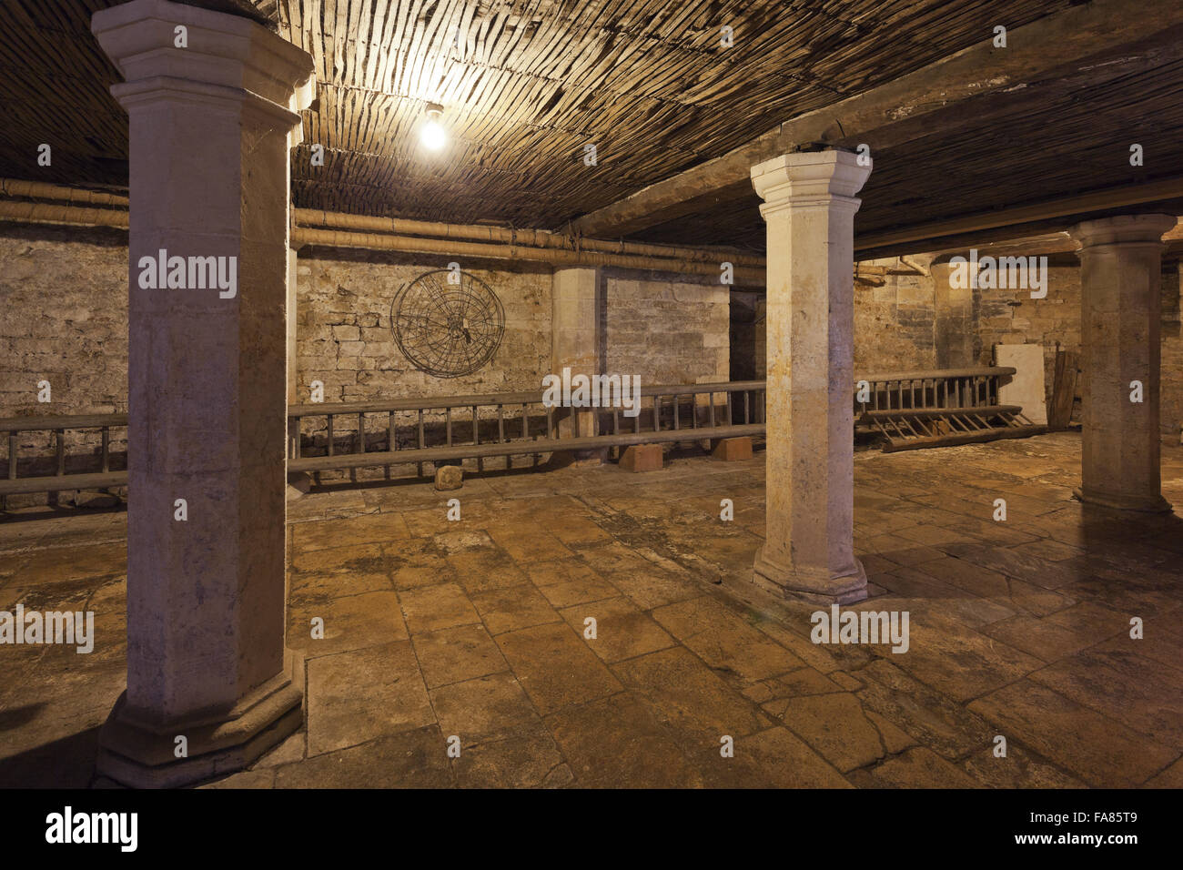 La grande scala nella cantina di birra a Chastleton House, Oxfordshire. La scala è stata utilizzata per tutto il XIX secolo per la compensazione delle grondaie e altri interventi di manutenzione per i tetti. Foto Stock