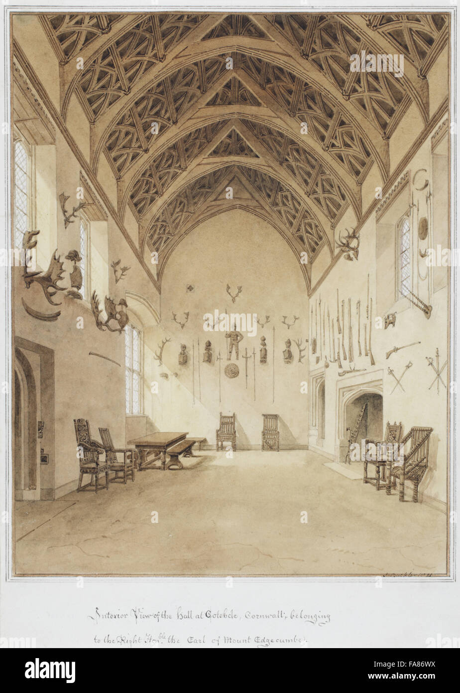 L'interno della hall, un acquerello di John Buckler (Calbourne 1770 - Londra 1851), 1821, a Cotehele, Cornwall. 590 x 475 mm. Il National Trust numero di inventario: 347622. Foto Stock